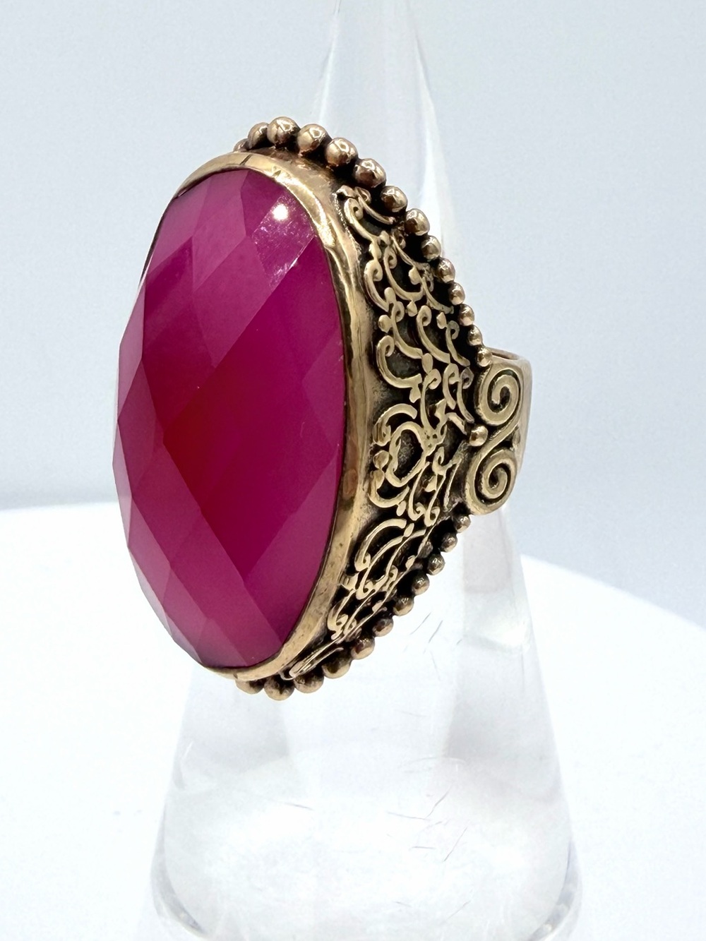 SAJEN India Pink Quartz Faceted Quartz Brass Woman’s Ring Ornate Scroll Jewelry